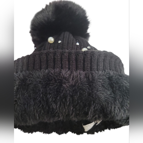Black Knit Fleece Lined Pom Beanie with Pearls And Rhinestones - Picture 2 of 2